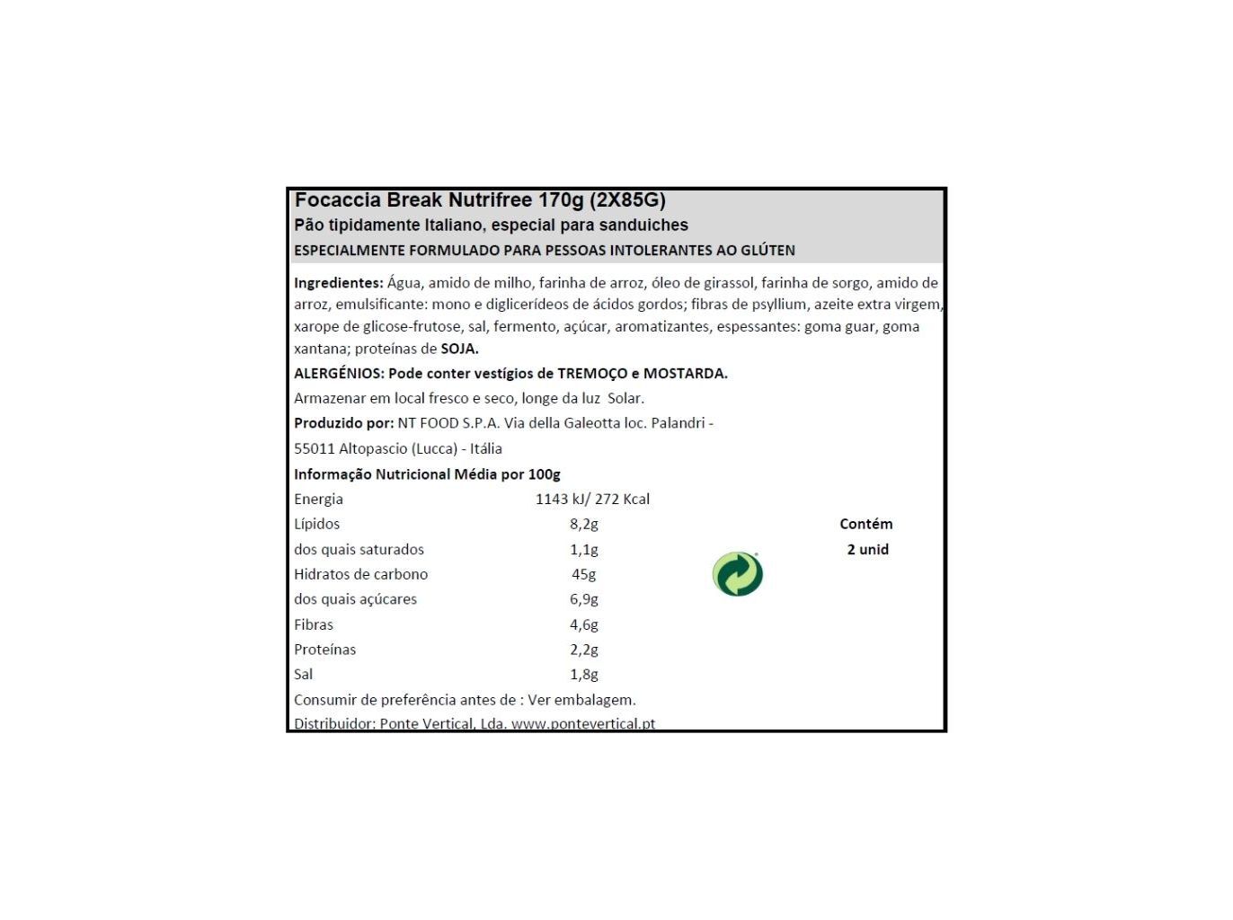 P&Atilde;O FOCACCIA NUTRIFREE SEM GL&Uacute;TEN 170G image number 1