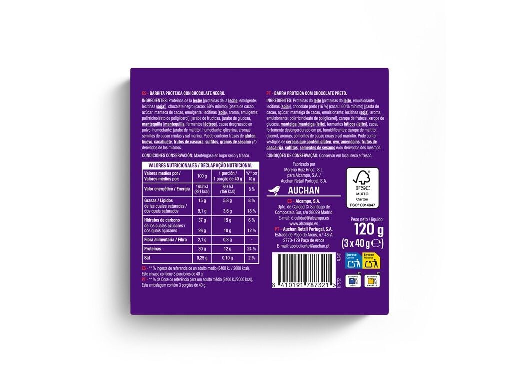 BARRITA AUCHAN EAT'N MOVE PROTEINS CHOCOLATE PRETO 3UN 120G image number 1