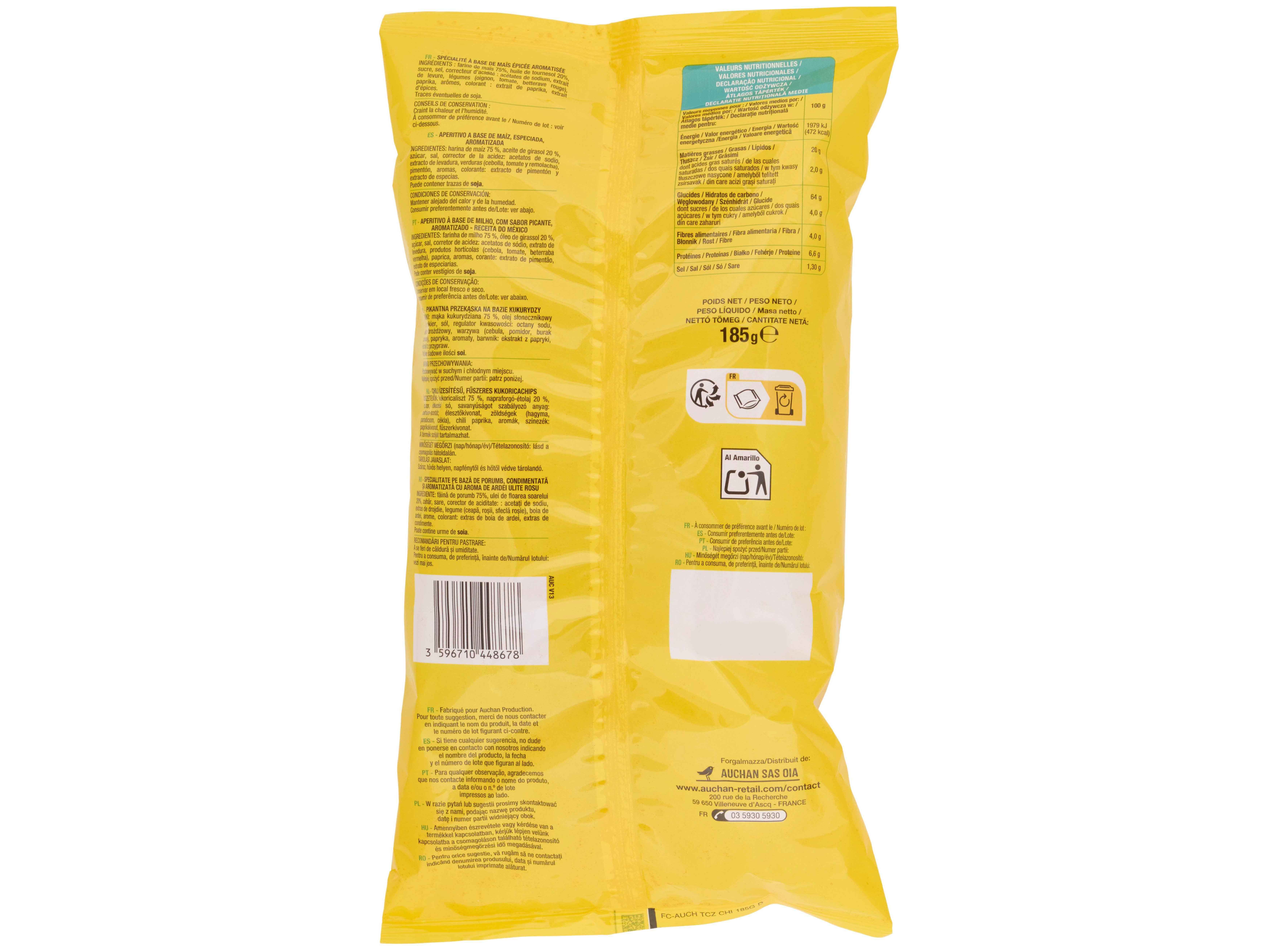 TORTILHAS AUCHAN BASE MILHO CHILI COM &Oacute;LEO GIRASSOL 185G image number 1