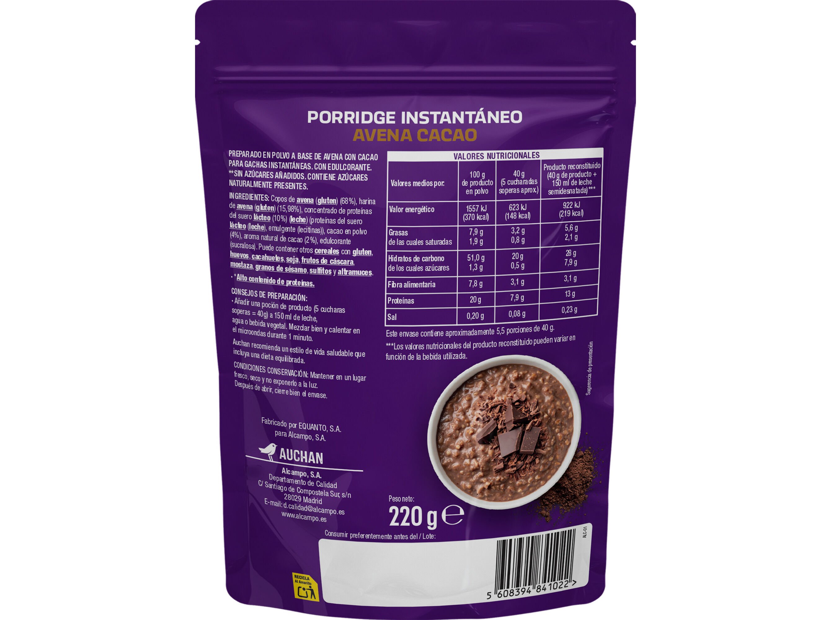 AVEIA AUCHAN EAT'N MOVE PROTEINS COM CACAU EM P&Oacute; 220G image number 2