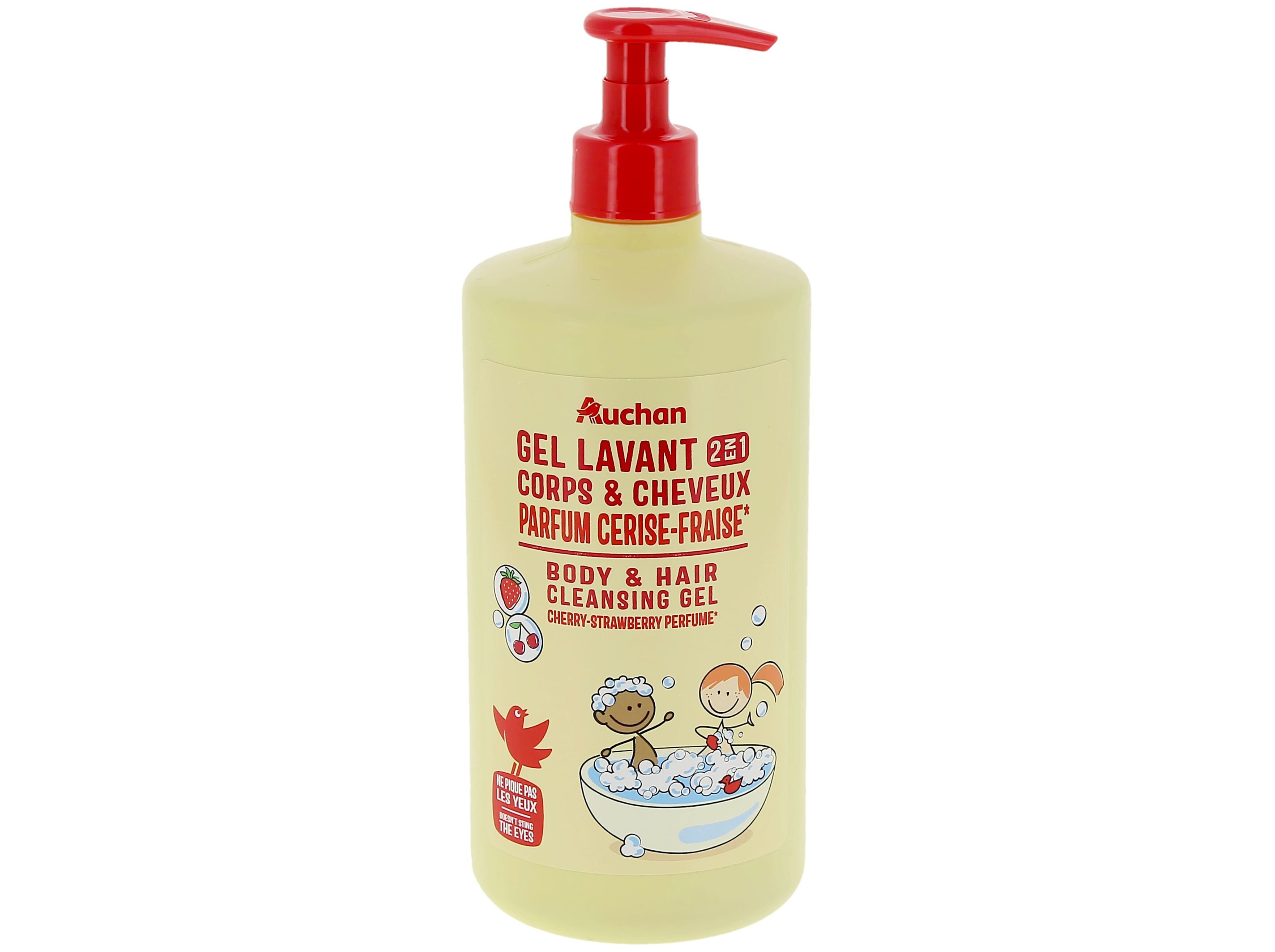 GEL BANHO PUMP AUCHAN KIDS 2EM1 CORPO E CABELO CEREJA MORANGO 750ML image number 0