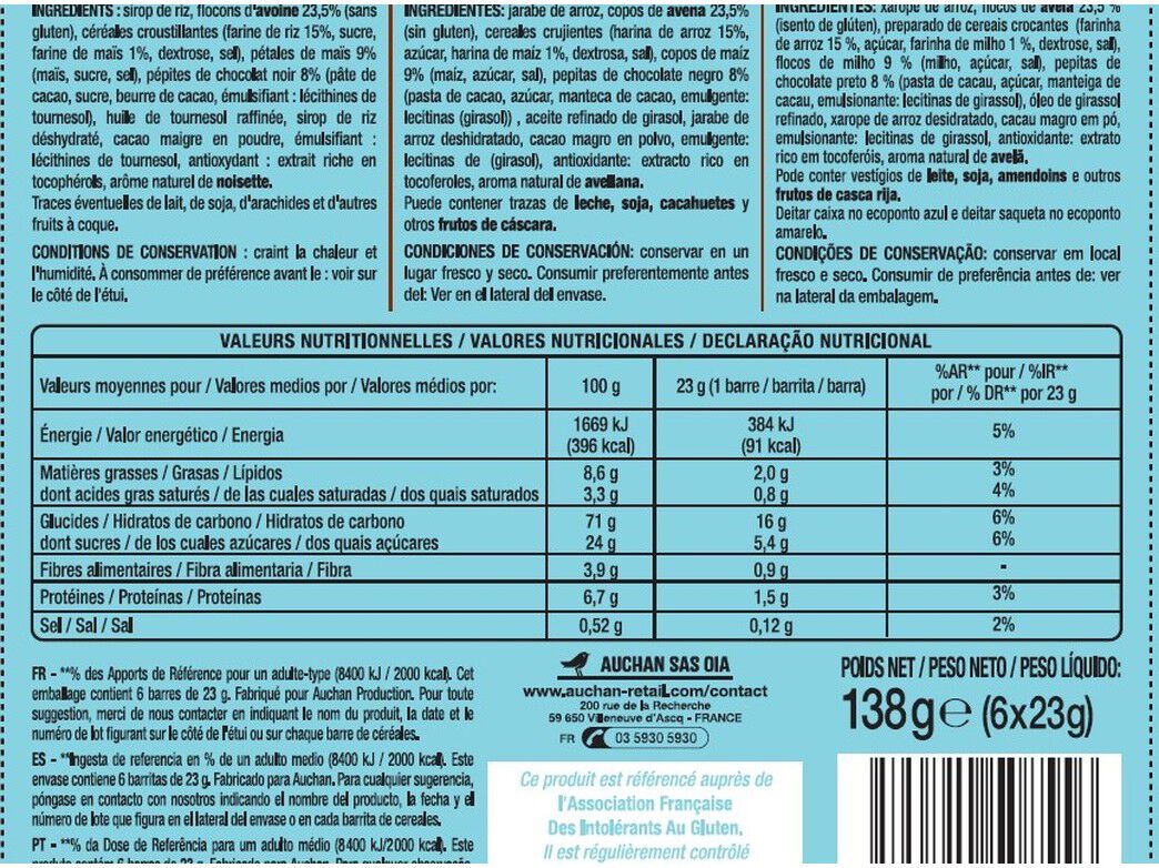 BARRAS DE CEREAIS AUCHAN SEM GL&Uacute;TEN CHOCOLATE 6UN 138G image number 1