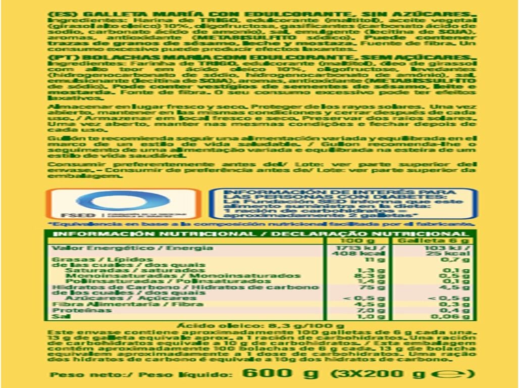 BOLACHA MARIA GULLON ZERO SEM A&Ccedil;UCAR 400G +50% GR&Aacute;TIS image number 2