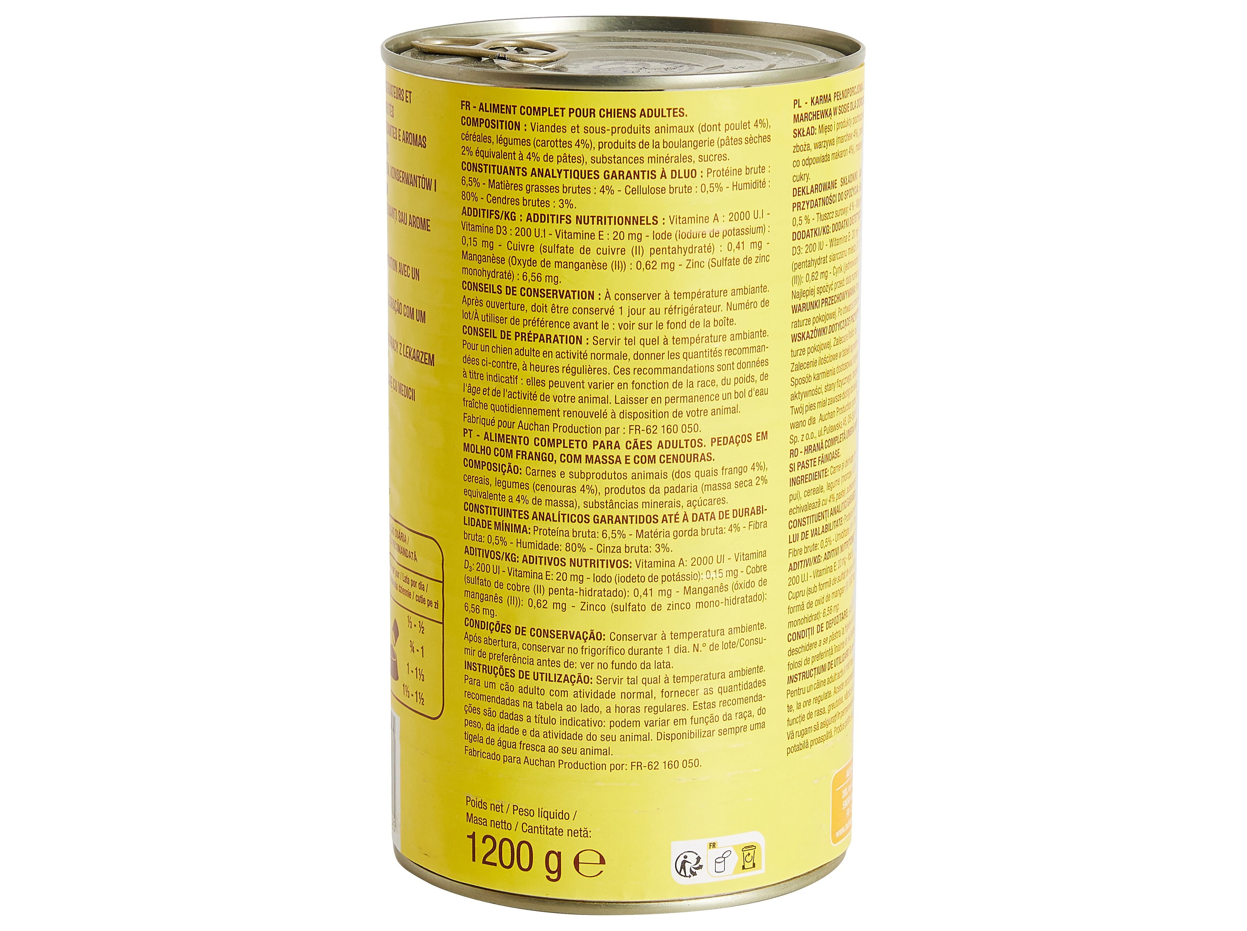 COMIDA H&Uacute;MIDA PARA C&Atilde;O AUCHAN PEDA&Ccedil;OS EM MOLHO COM FRANGO COM MASSA E COM CENOURAS 1200G image number 2