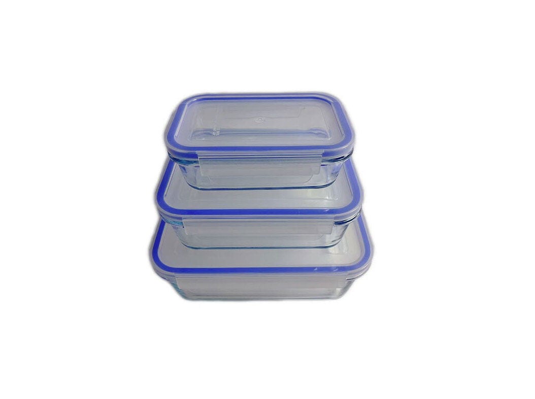 CONJUNTO DE 3 CAIXAS HERM&Eacute;TICAS ACTUEL VIDRO RECTANGULAR AZUL 0.3L/0.8L/1.7L
