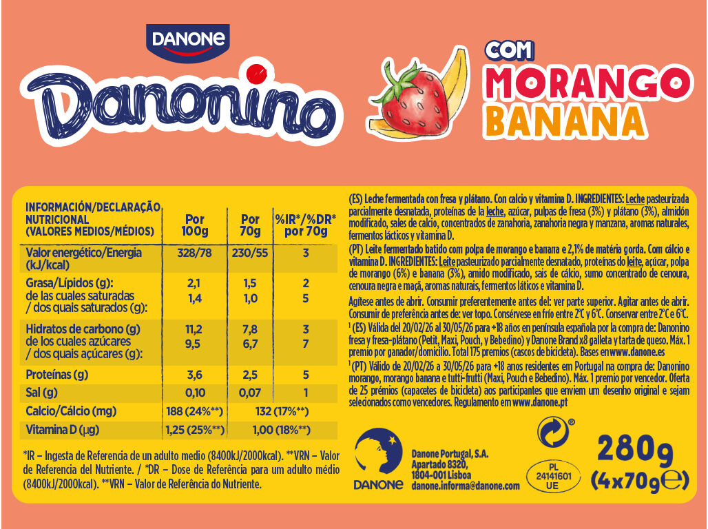IOGURTE INFANTIL DANONINO PARA LEVAR MORANGO-BANANA 4X70G image number 1