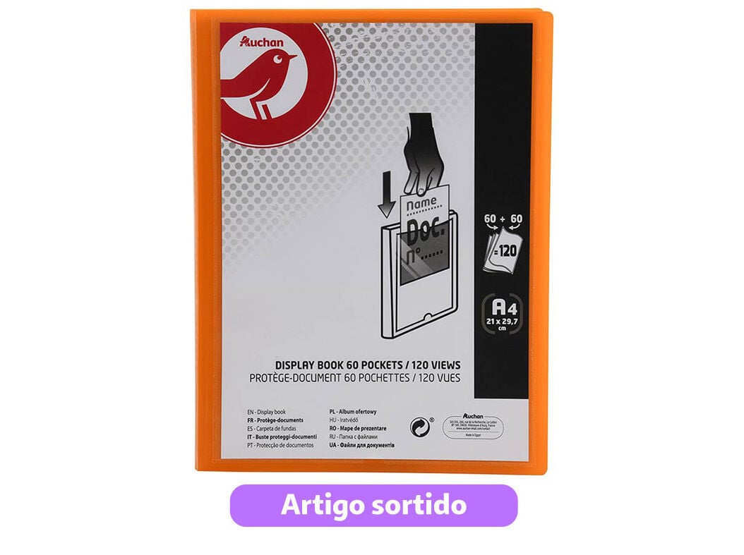 PORTF&Oacute;LIO AUCHAN A4 60+60 BOLSAS CORES SORTIDAS