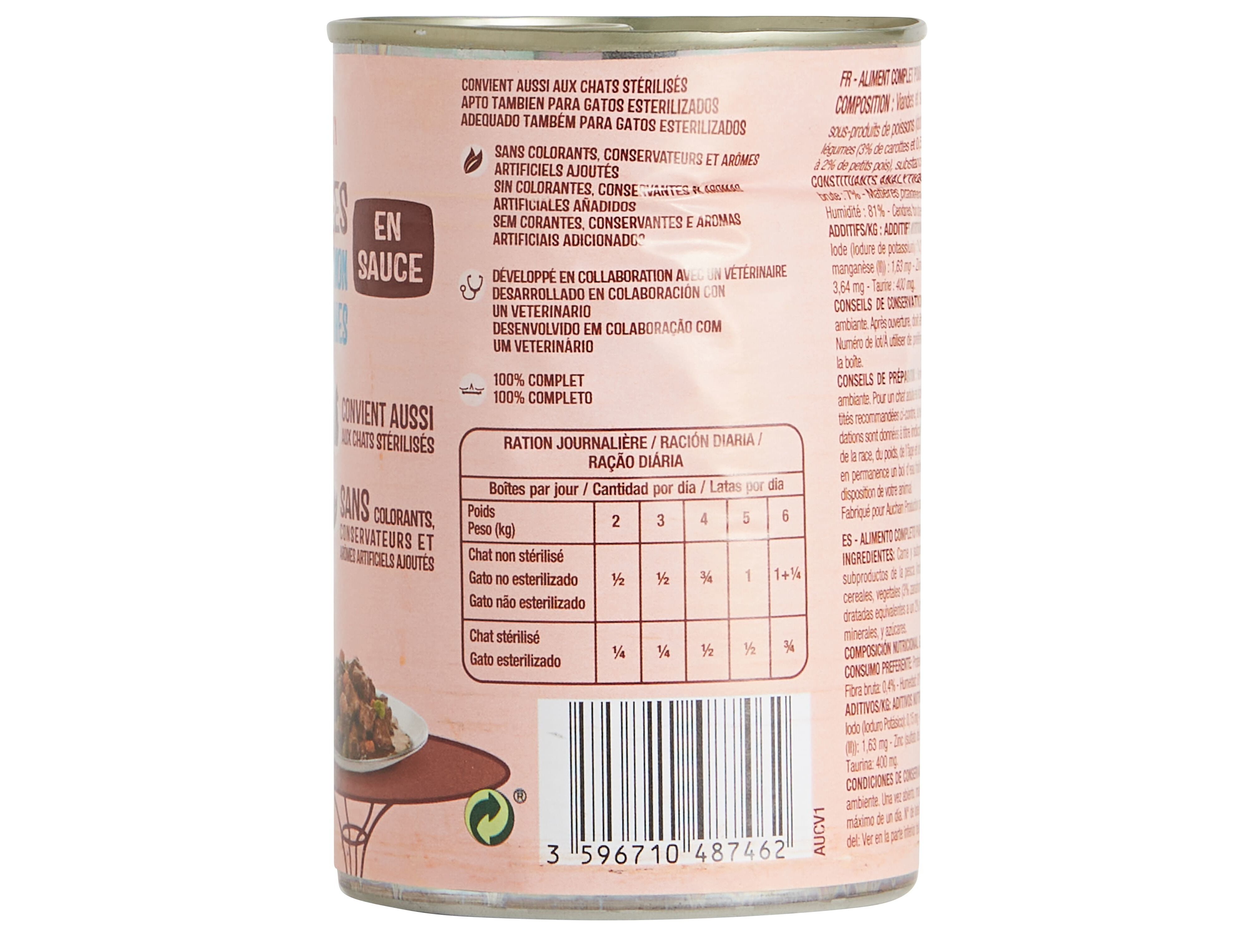 COMIDA H&Uacute;MIDA PARA GATO AUCHAN PEDA&Ccedil;OS EM MOLHO COM ATUM COM SALM&Atilde;O E COM LEGUMES 400G image number 3