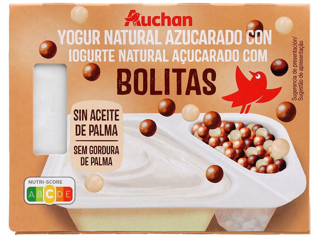 IOGURTE AUCHAN NATURAL A&Ccedil;UCARADO COM BOLITAS CHOCO 2X122G