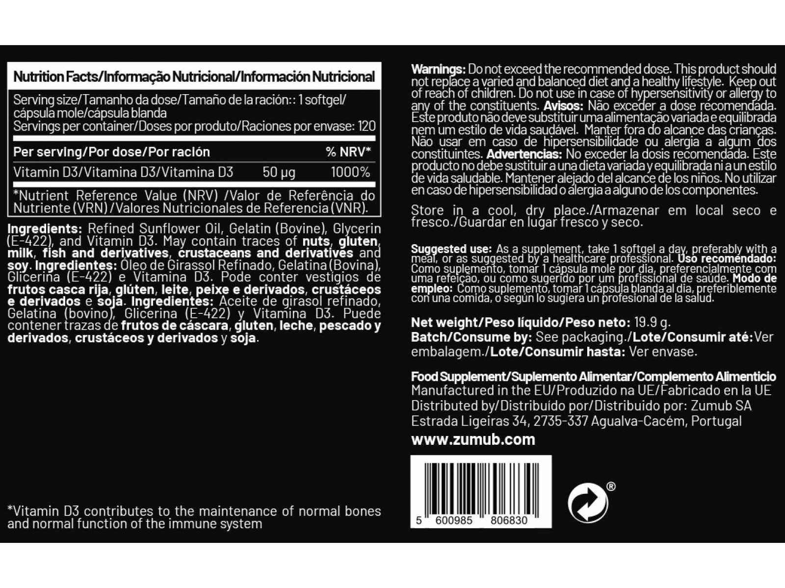 SUPLEMENTO ZUMUB VITAMINA D-3 120 CAPS image number 1
