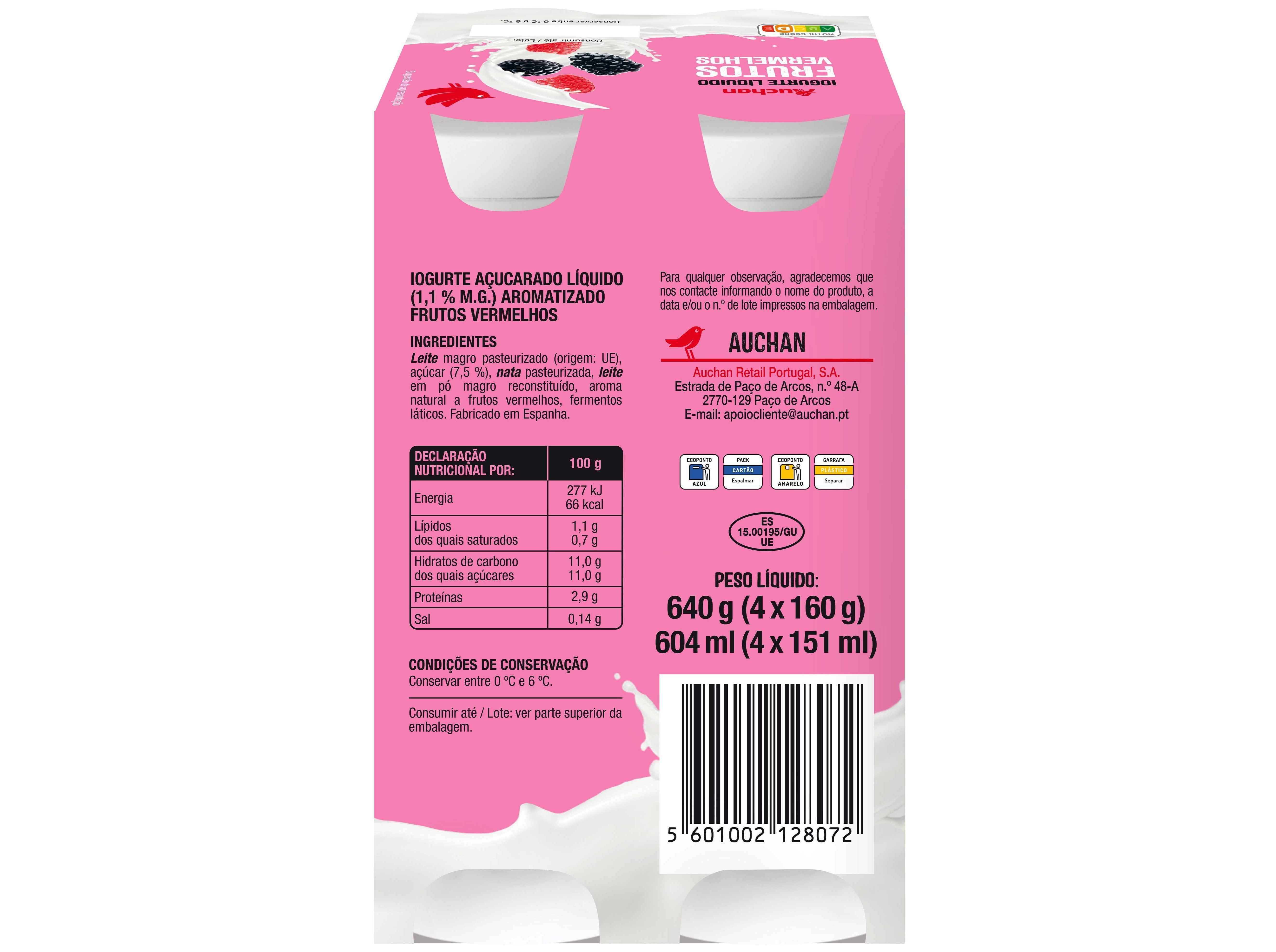 IOGURTE L&Iacute;QUIDO AUCHAN FRUTOS VERMELHOS 4X160G image number 1