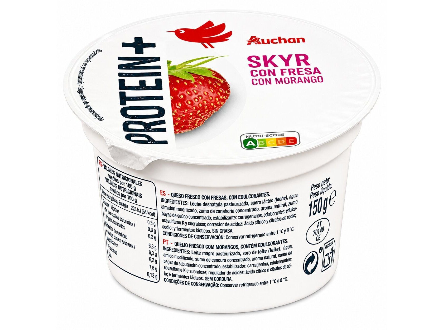 SKYR PROTEIN+ AUCHAN MORANGO MAGRO 150G image number 1