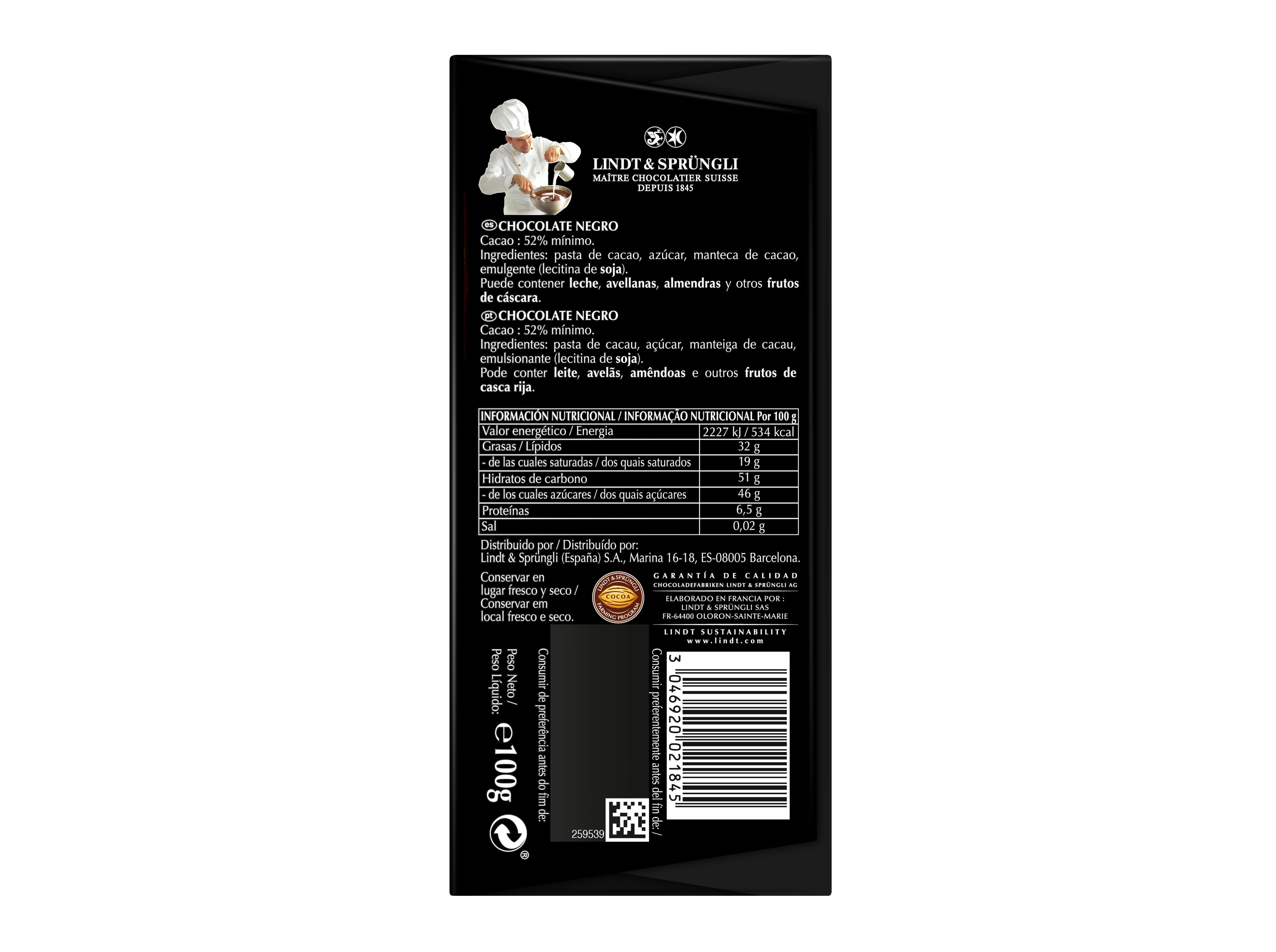 CHOCOLATE NEGRO LINDT 52% CACAU 100G image number 1