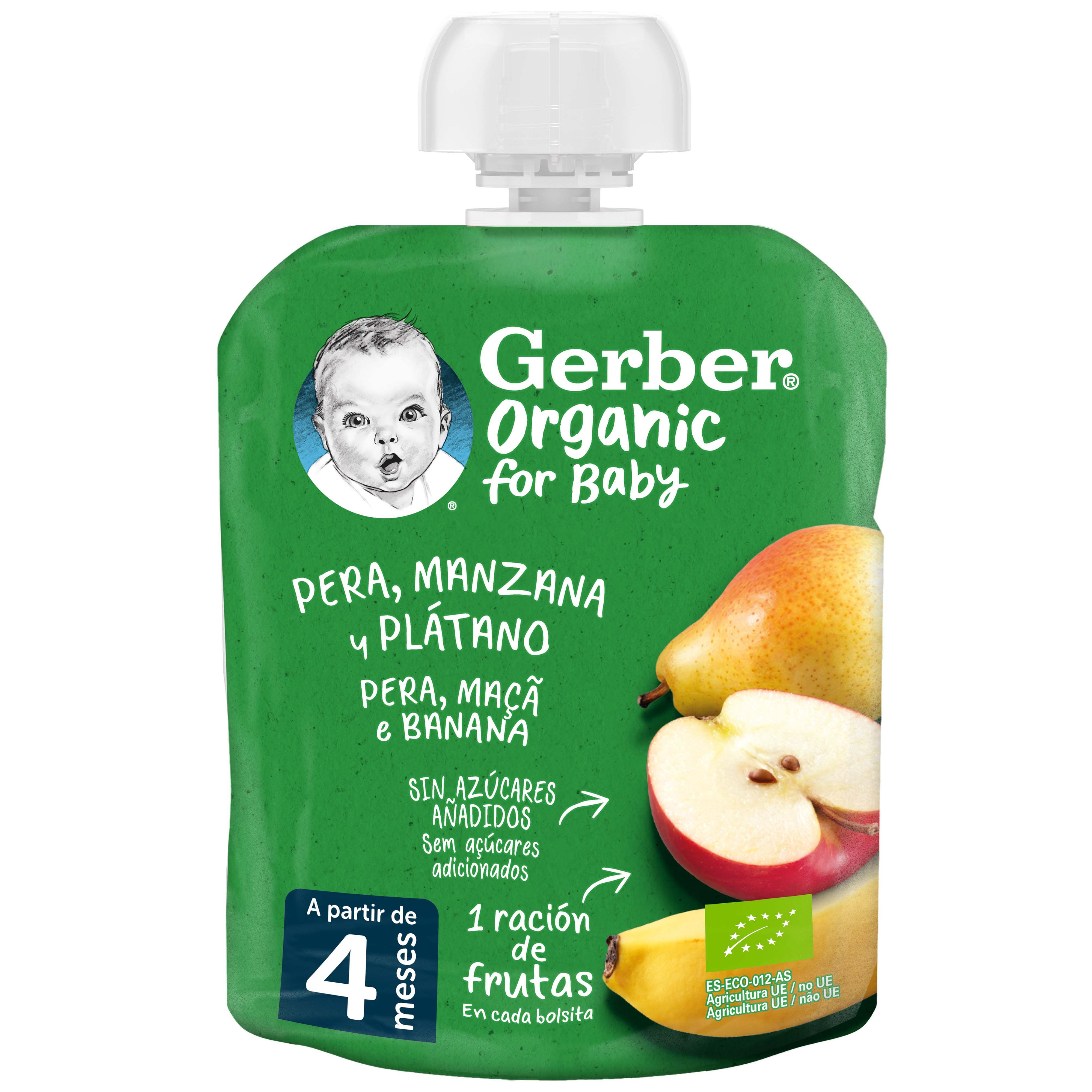 SAQUETA FRUTA GERBER BIO P&Ecirc;RA MA&Ccedil;&Atilde; E BANANA 90G