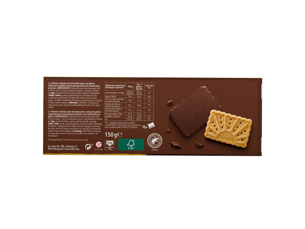BOLACHAS COBERTA COM CHOCOLATE NEGRO SCHAR SEM GLUTEN 150G image number 1