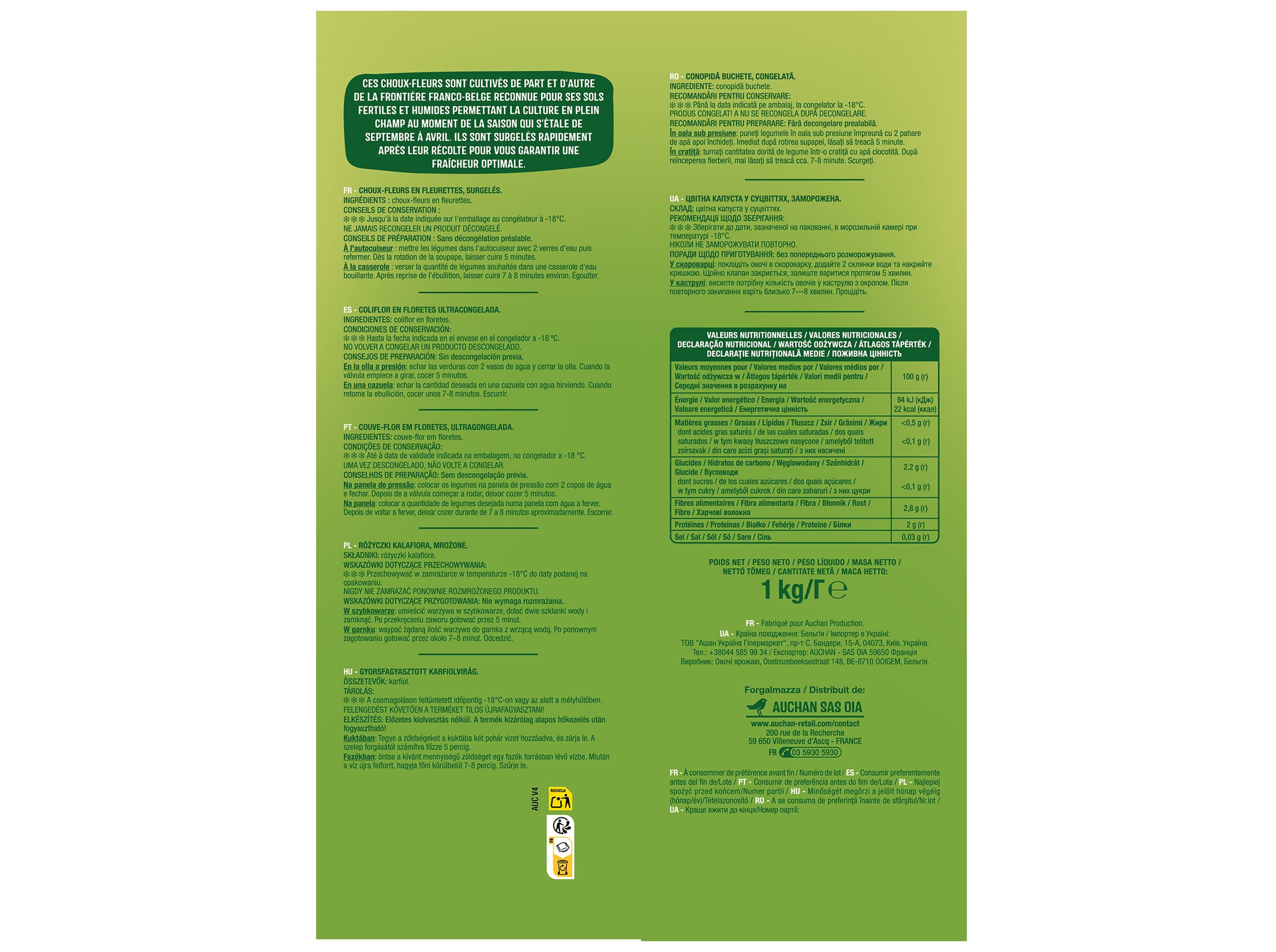 COUVE FLOR AUCHAN EM FLORETES ULTRACONGELADA 1KG image number 1