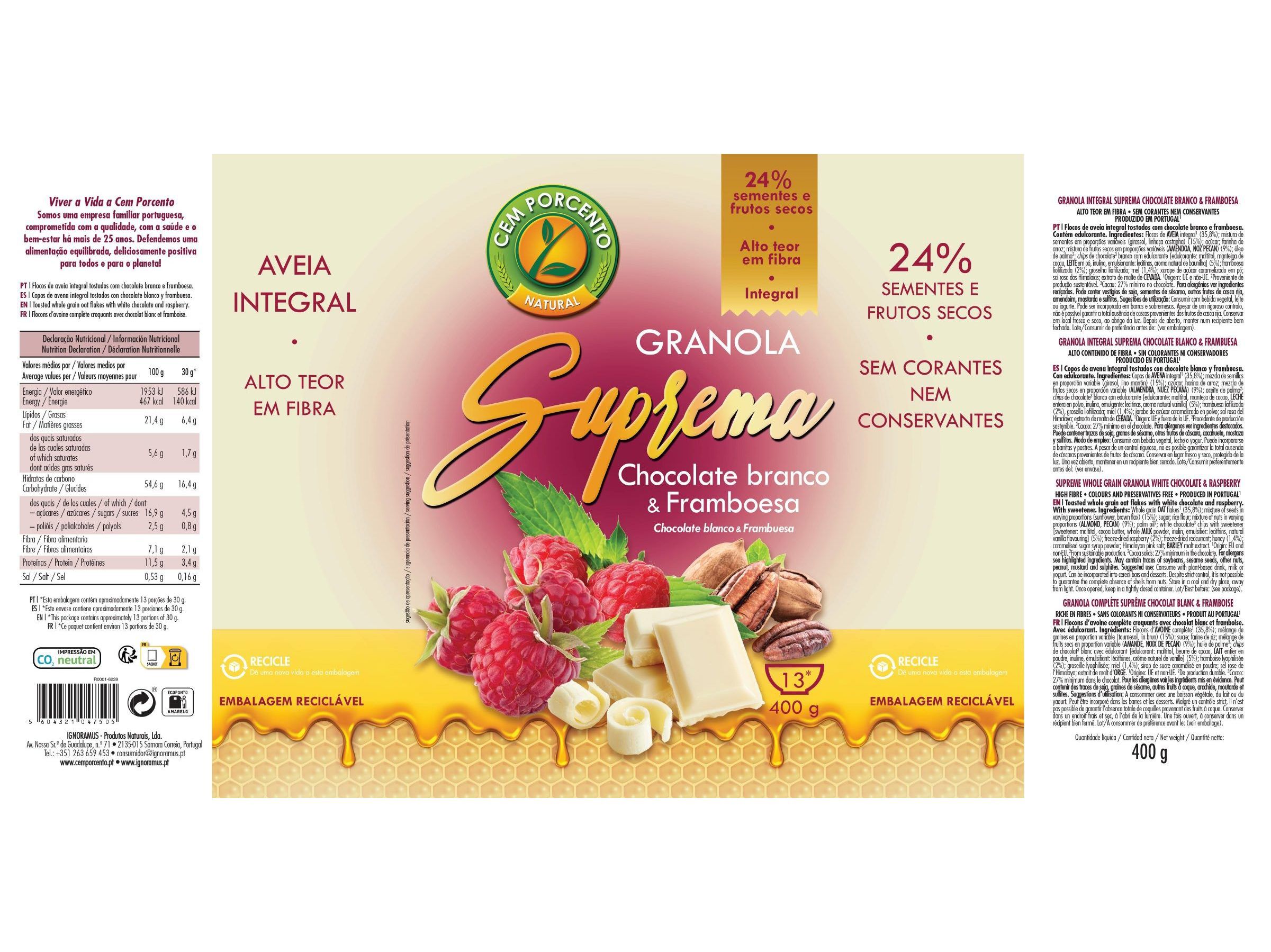 GRANOLA CEM PORCENTO SUPREMA CHOCOLATE BRANCO 400G image number 1