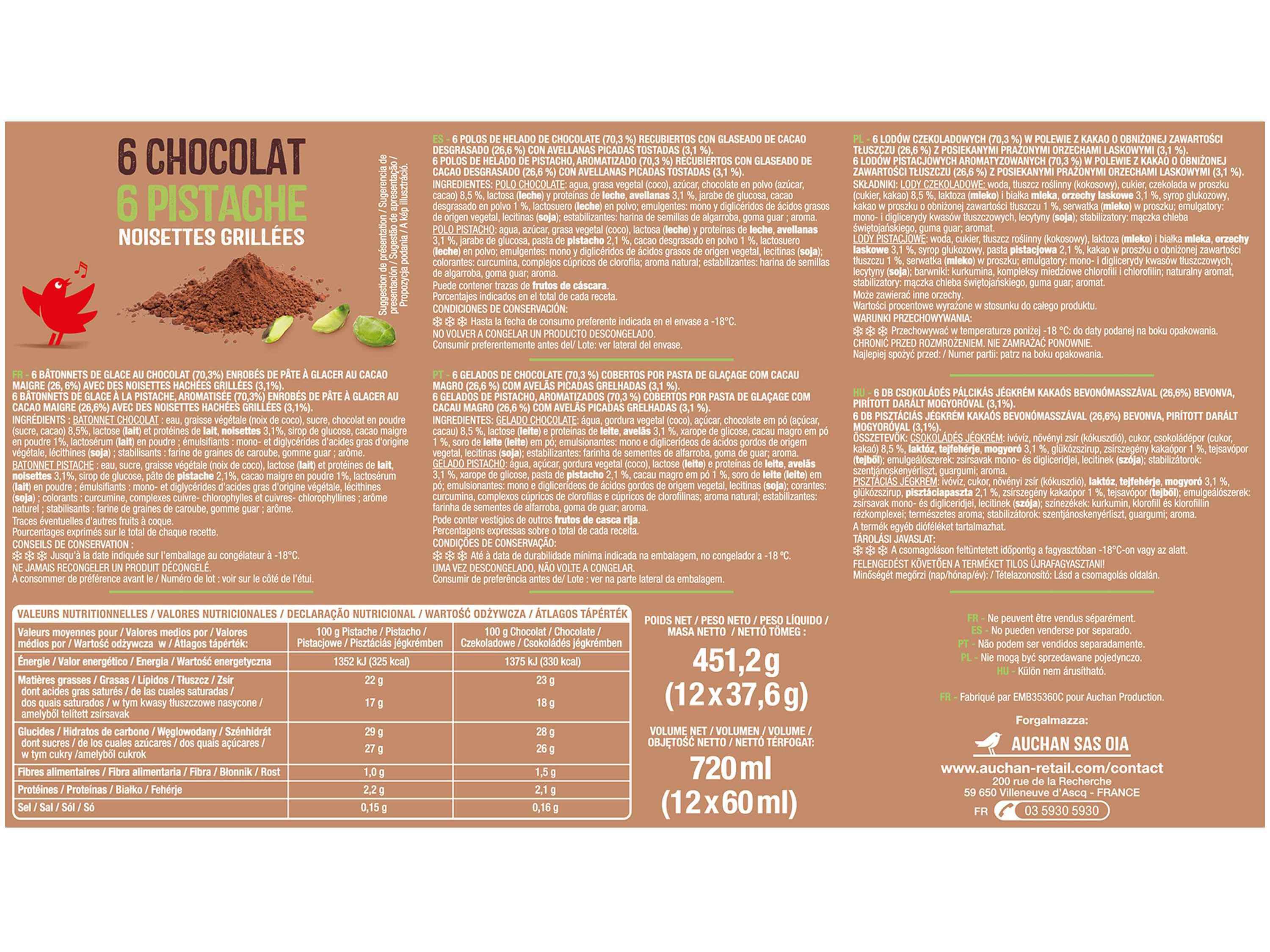 GELADO PALITO AUCHAN CHOCOLATE PISTACHIO 12X60ML image number 2