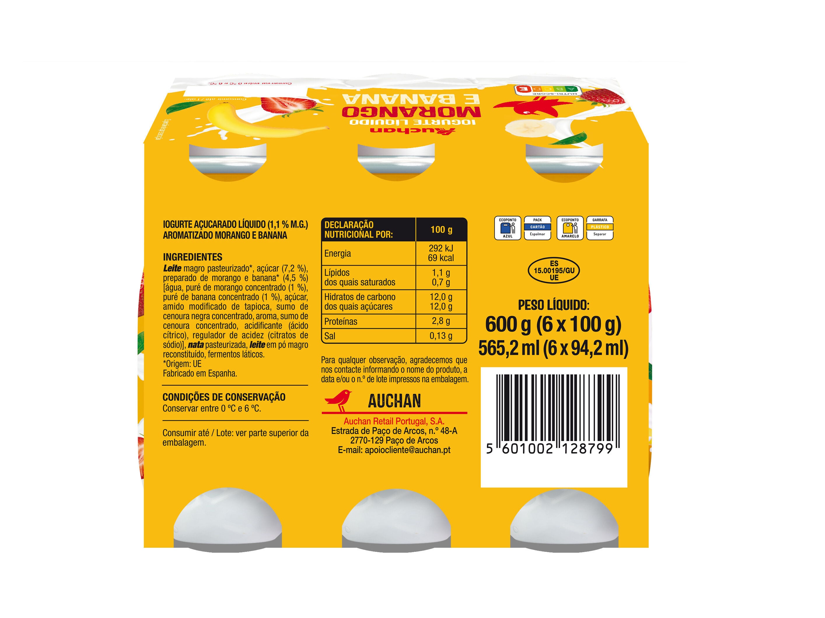 IOGURTE L&Iacute;QUIDO AUCHAN MORANGO E BANANA 6X100G image number 1