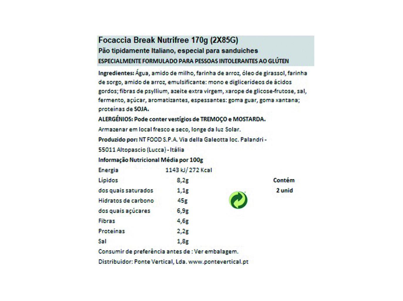 P&Atilde;O FOCACCIA NUTRIFREE SEM GL&Uacute;TEN 170G image number 1