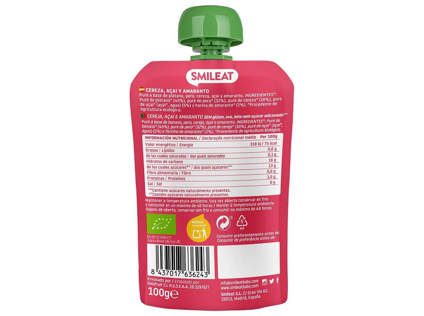 SAQUETA FRUTA SMILEAT BIO CEREJA A&Ccedil;A&Iacute; AMARANTO 100G image number 1