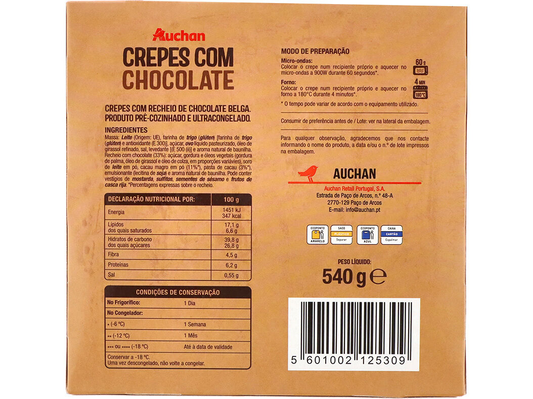 CREPES AUCHAN COM CHOCOLATE BELGA 6UN 540G image number 1