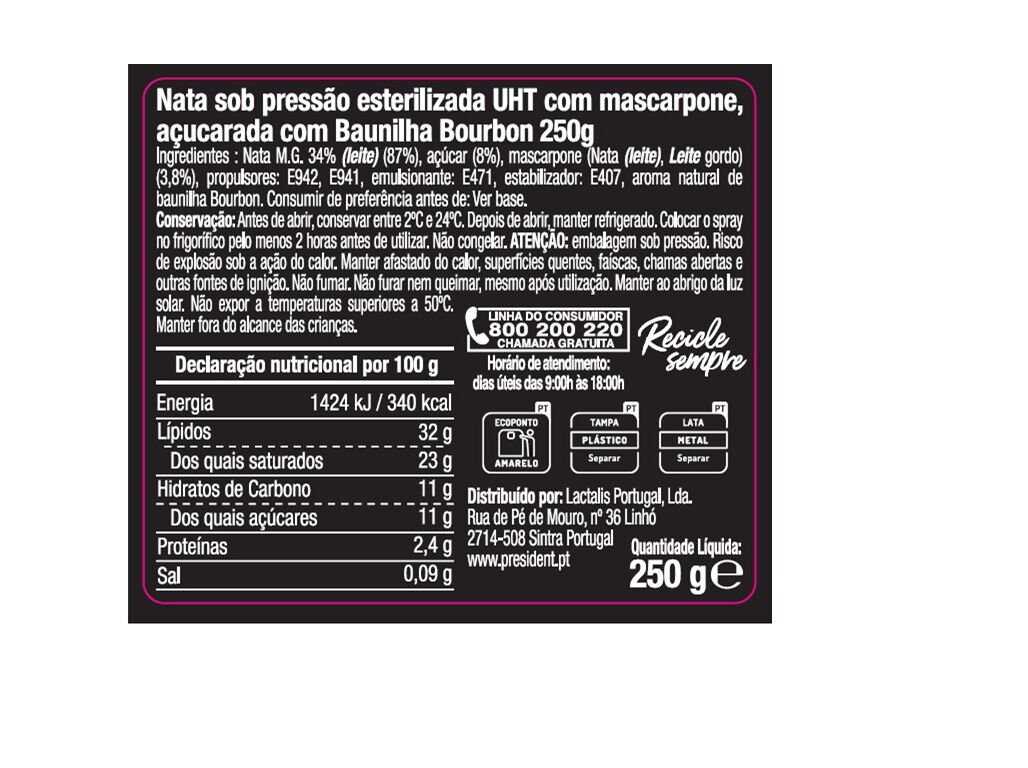 CHANTILLY PRESIDENT BAUNILHA SPRAY 250G image number 1