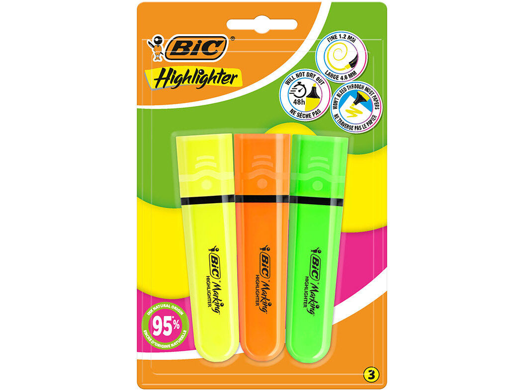 Bic Sublinhador Flat Fluorescentes Neon, 3 Unidades