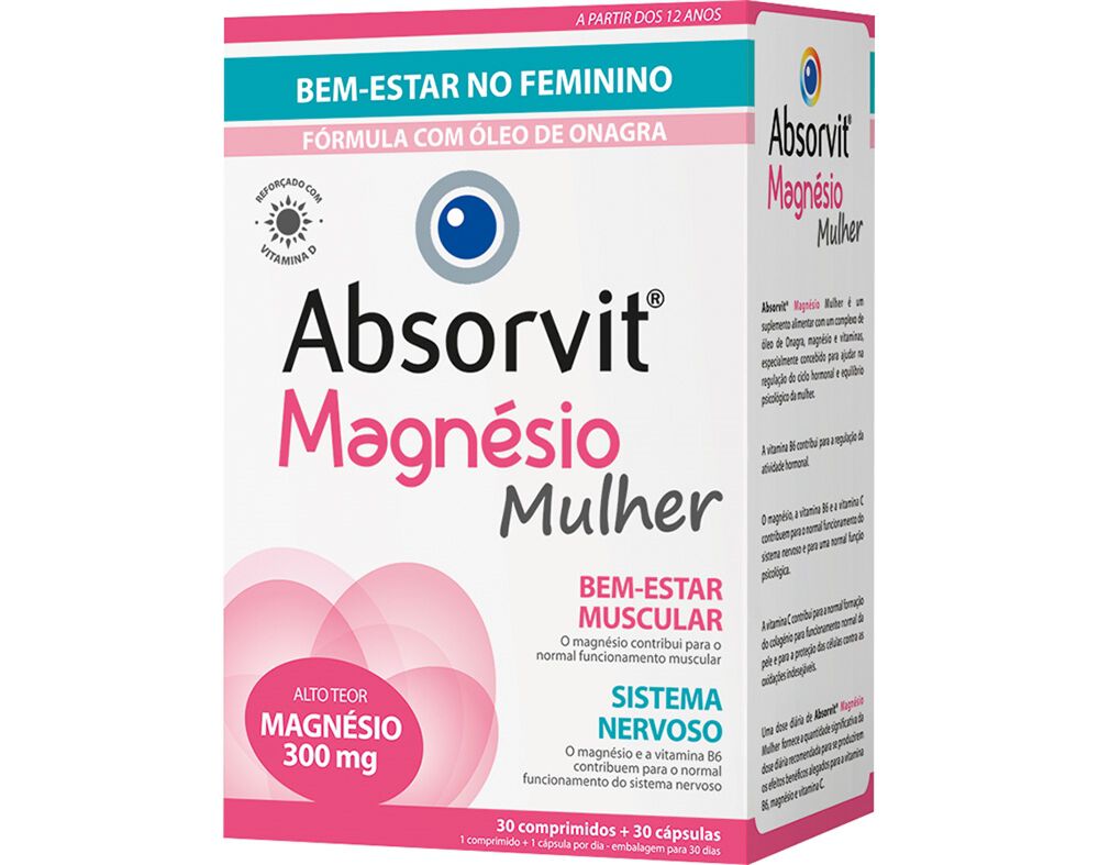 SUPLEMENTO ABSORVIT MAGN&Eacute;SIO MULHER 30 CAPSULAS+30 COMPRIMIDOS image number 0