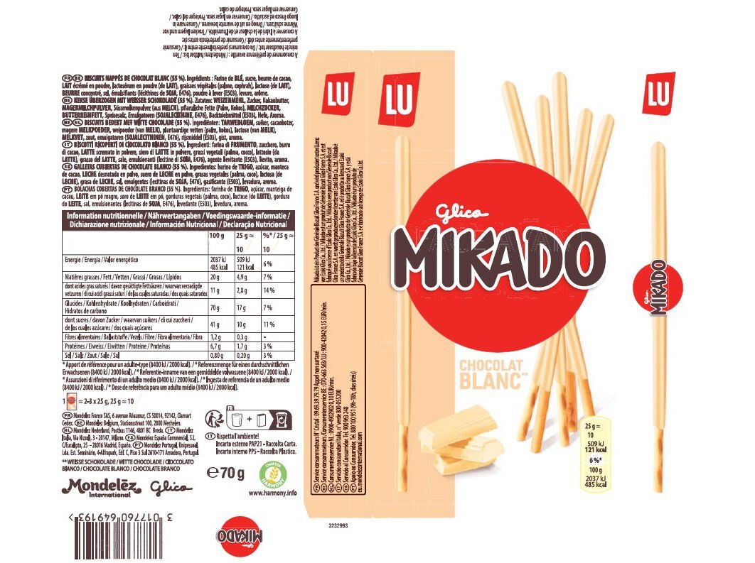 BOLACHA COBERTA MIKADO CHOCOLATE BRANCO 70 G image number 1