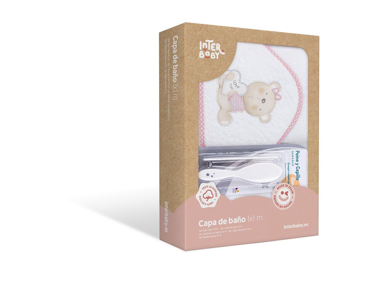 CONJUNTO DE TOALHA BANHO COM CAPUZ INTERBABY +ESCOVA+PENTE BRANCO/ROSA