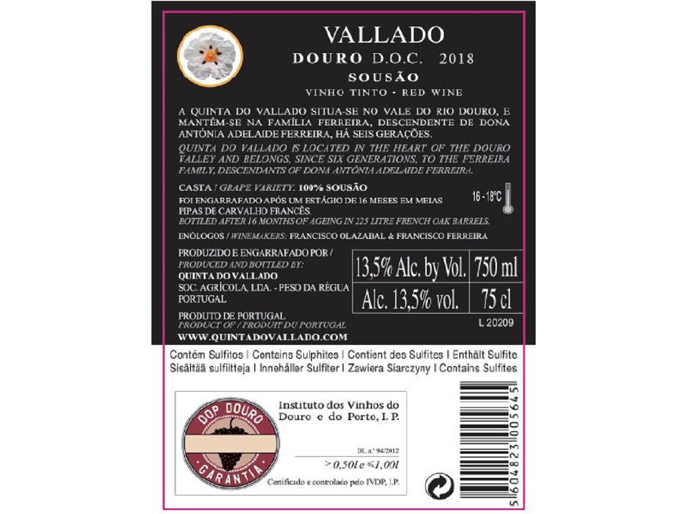 VINHO TINTO VALLADO SOUS&Atilde;O DOURO 0.75 L image number 1