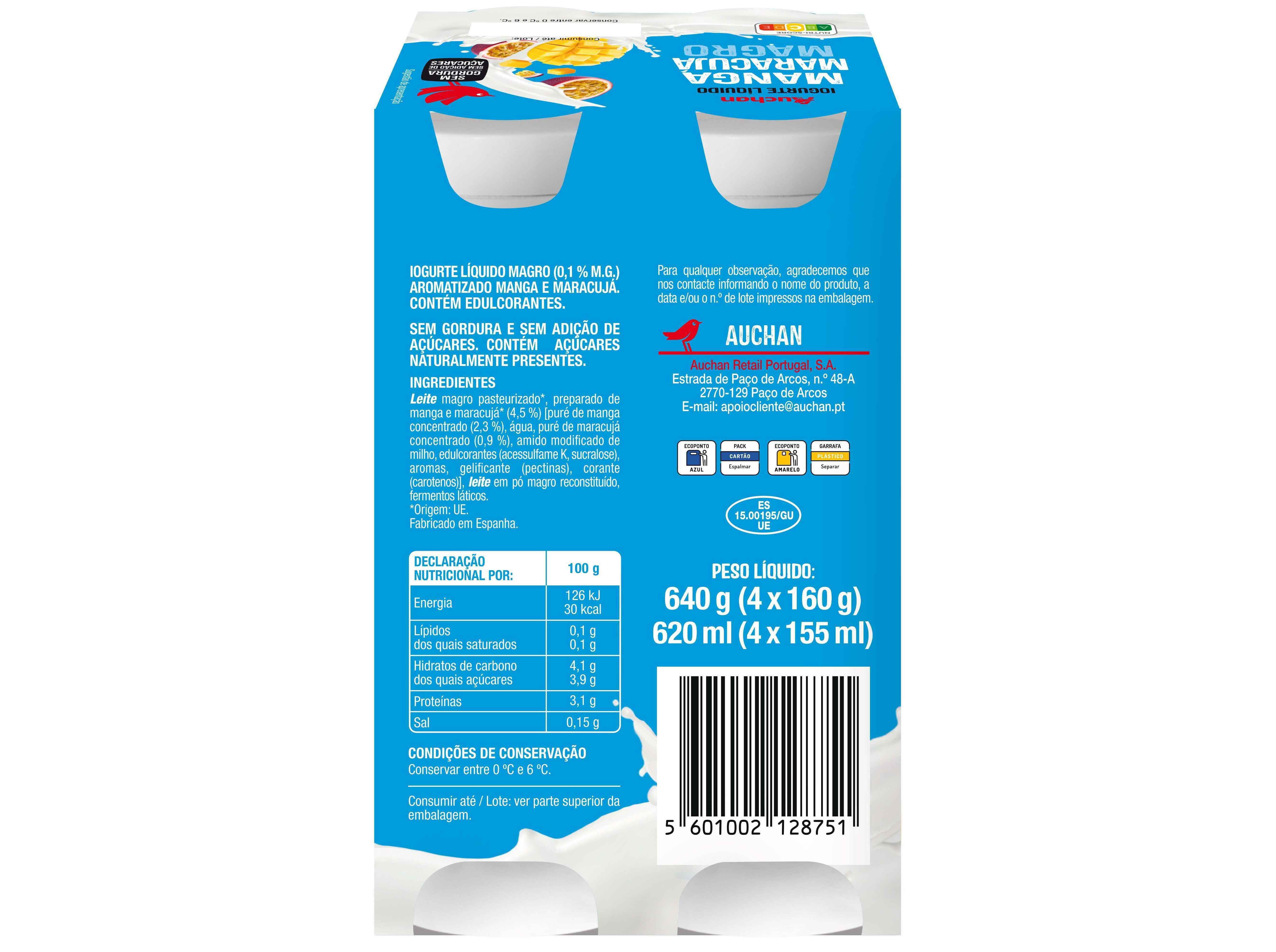 IOGURTE L&Iacute;QUIDO MAGRO AUCHAN MANGA MARACUJ&Aacute; 4X160G image number 1