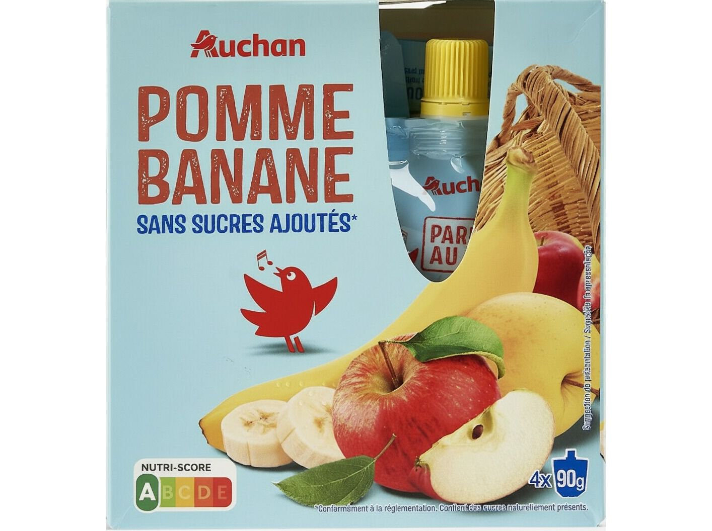 PUR&Eacute; AUCHAN MA&Ccedil;&Atilde; E BANANA SEM A&Ccedil;&Uacute;CARES ADICIONADOS 360G (4X90G) image number 0