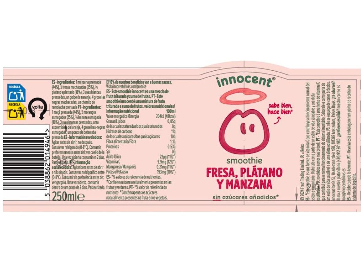 SMOOTHIE INNOCENT MORANGO/BANANA 250ML (SDR) image number 1