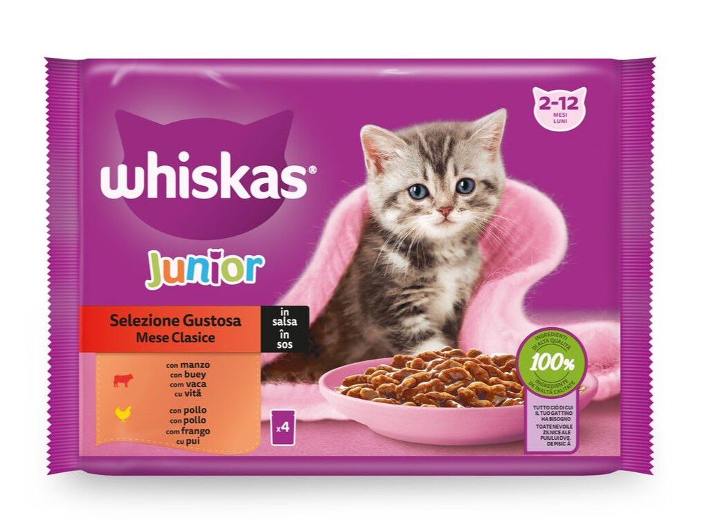 COMIDA H&Uacute;MIDA PARA GATO WHISKAS J&Uacute;NIOR CARNE 4X85G image number 1