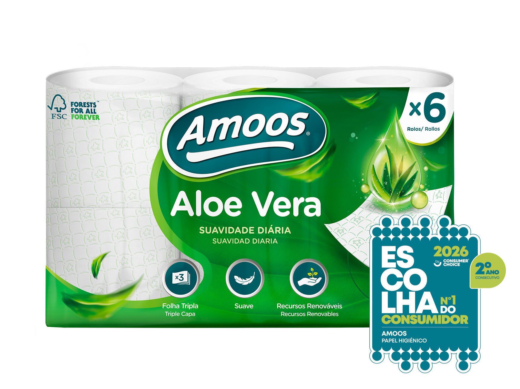 PAPEL HIGI&Eacute;NICO AMOOS ALO&Eacute; VERA 3 FOLHAS 6 ROLOS image number 2