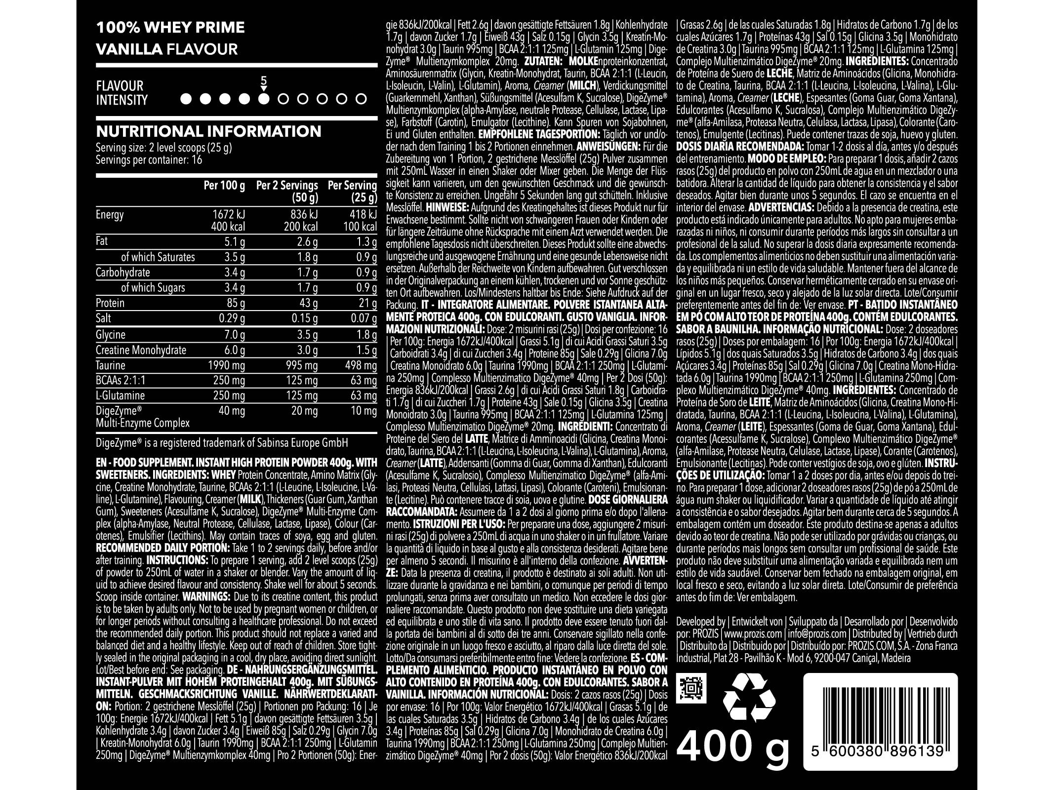 PROTE&Iacute;NA 100% WHEY PROZIS PRIME BAUNILHA 400G image number 1