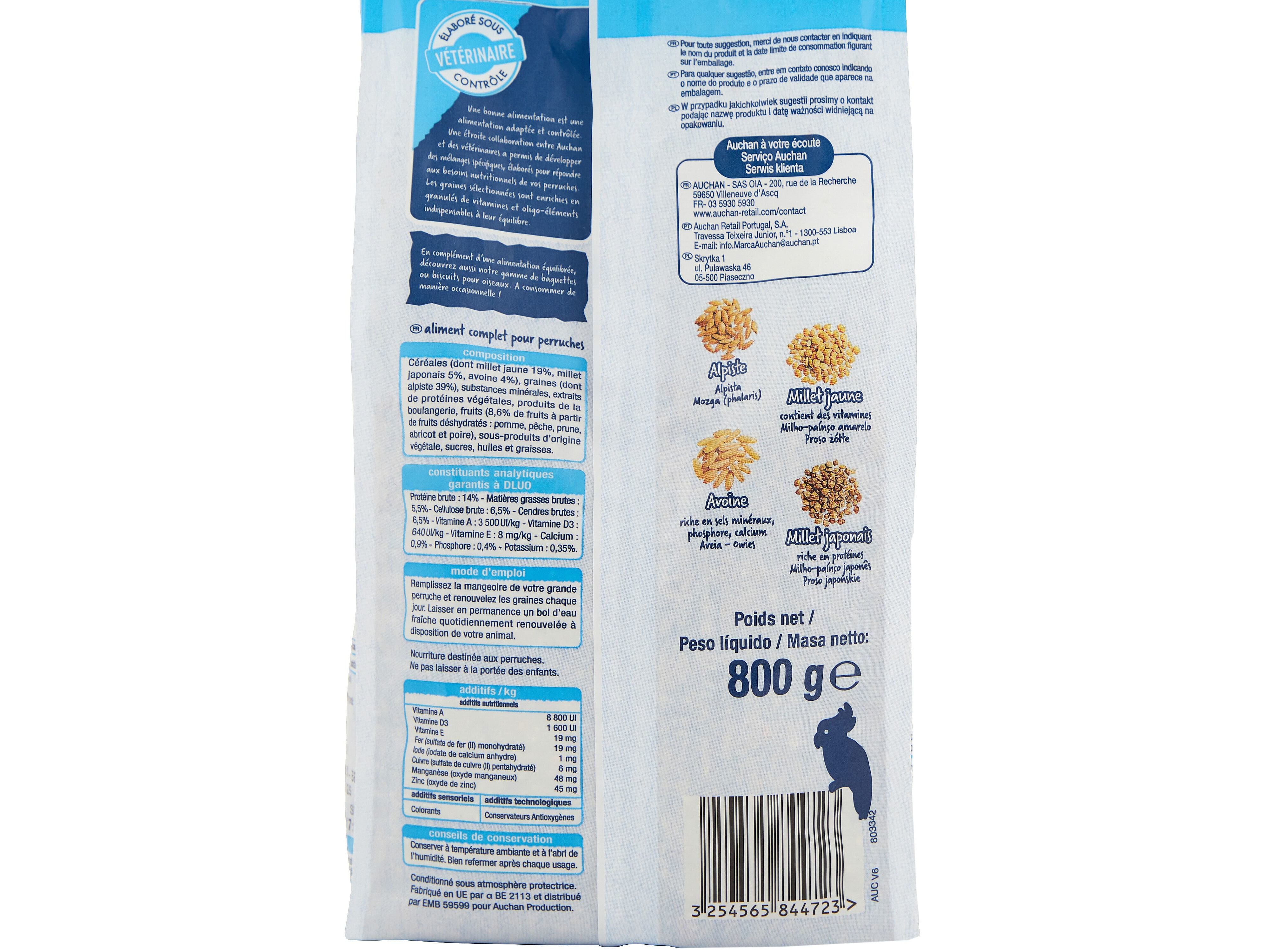 COMIDA PARA PERIQUITOS AUCHAN MENU COMPLETO 800G image number 3