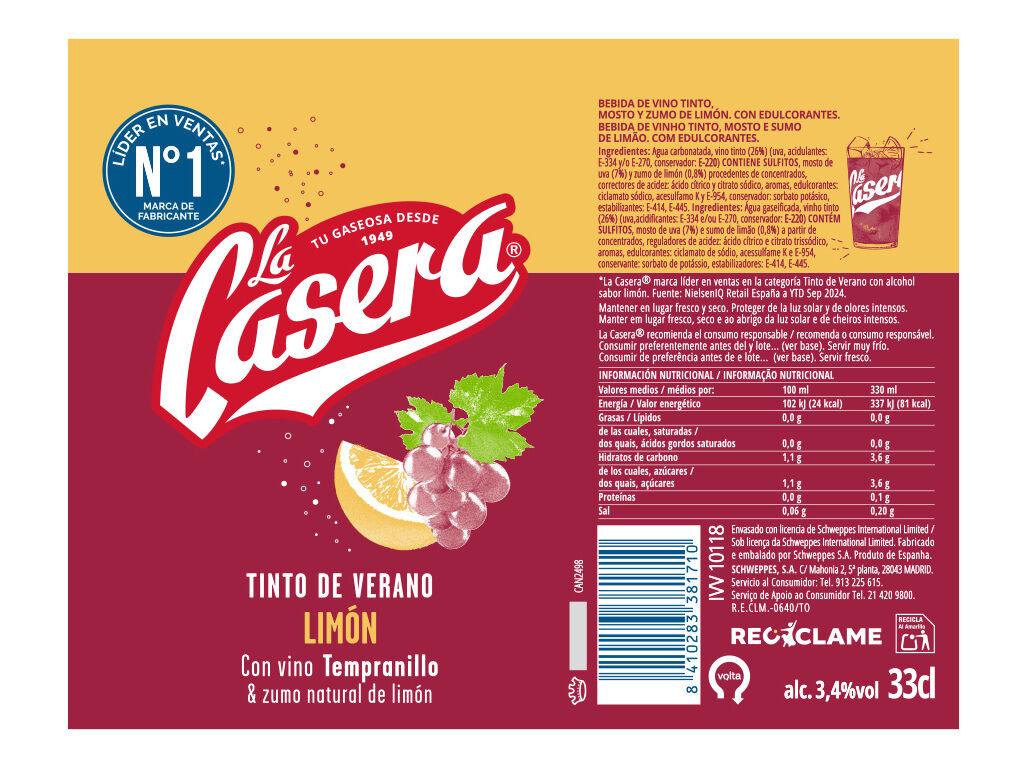 BEBIDA LA CASERA TINTO VER&Atilde;O LIM&Atilde;O 0.33L (SDR) image number 1