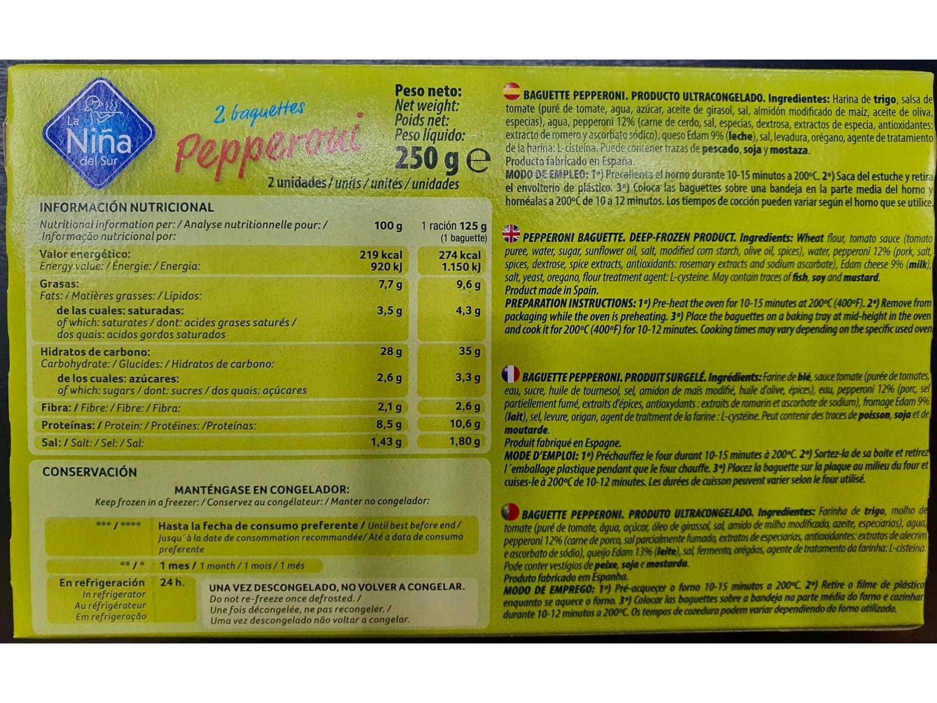 BAGUETE LA NI&Ntilde;A DEL SUR PEPPERONI 2UN 250G image number 1