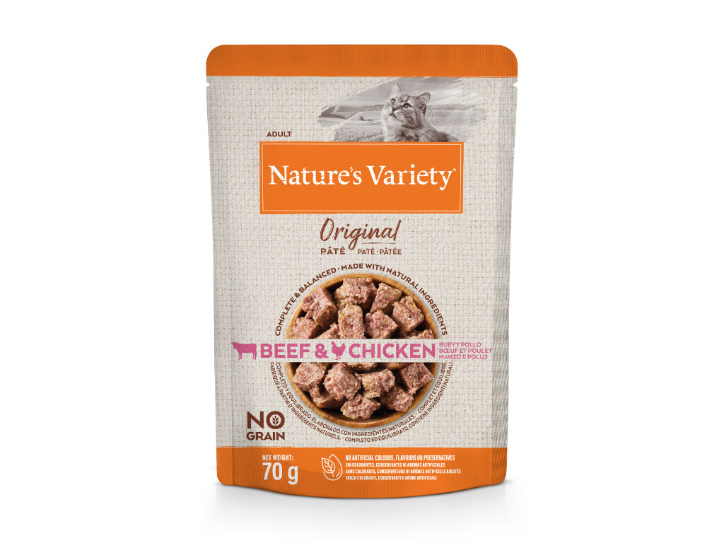 COMIDA H&Uacute;MIDA PARA GATO NATURE'S VARIETY VACA/FRANGO 70G image number 0