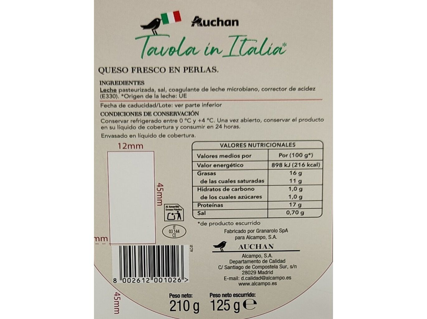 QUEIJO MOZZARELLA FRESCA MINI AUCHAN &Agrave; MESA EM ITALIA 125G image number 1