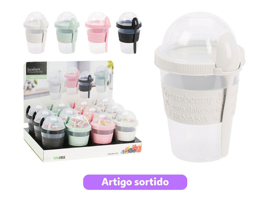 CAIXA PARA IOGURTE COM COLHER E COMPARTIMENTO 600ML CORES SORTIDAS