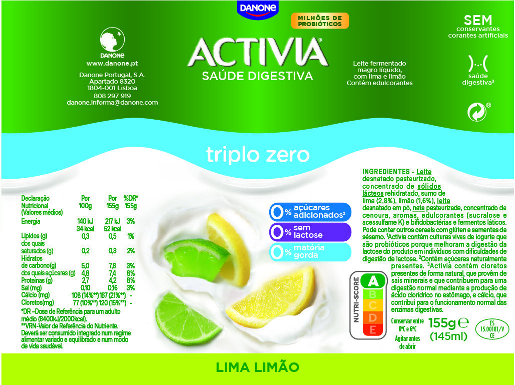BIFIDUS DANONE ACTIVIA L&Iacute;QUIDO LIMA E LIM&Atilde;O 0% 4X155G image number 1