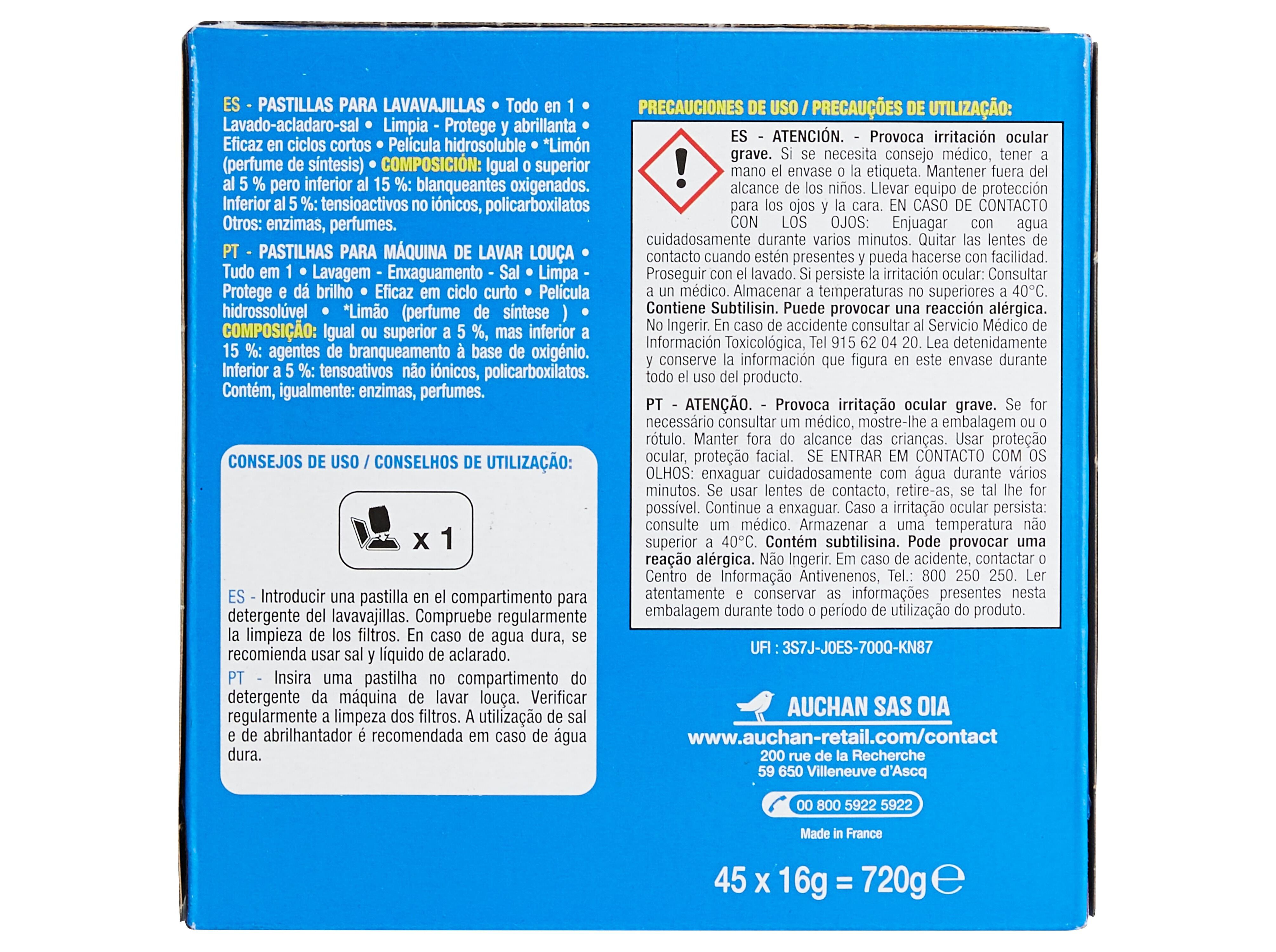 DETERGENTE AUCHAN M&Aacute;QUINA LOI&Ccedil;A PASTILHA TUDO EM 1 LIM&Atilde;O 45UN image number 2