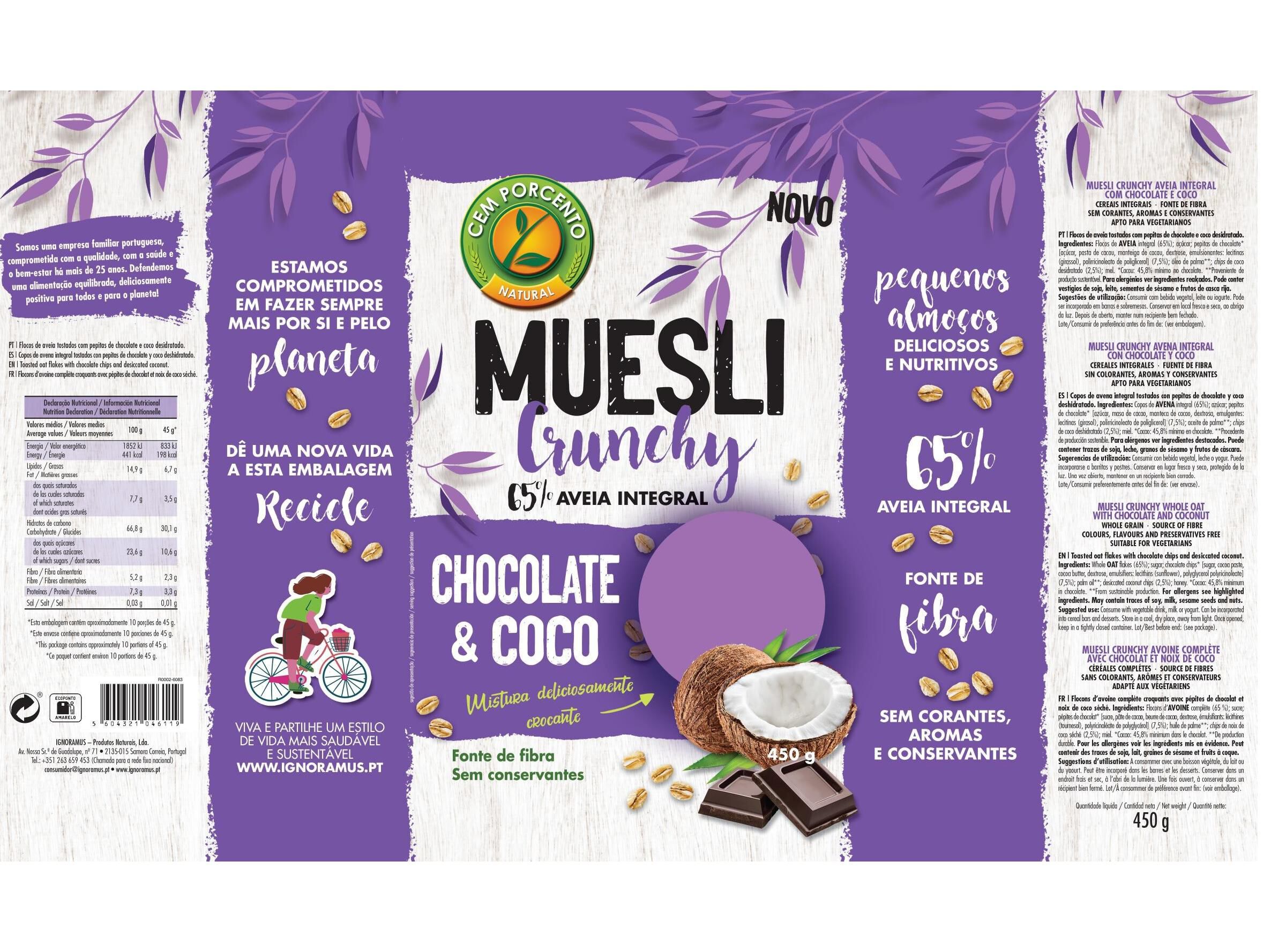 MUESLI CEM PORCENTO CRUNCHY CHOCO COCO 450 G image number 1