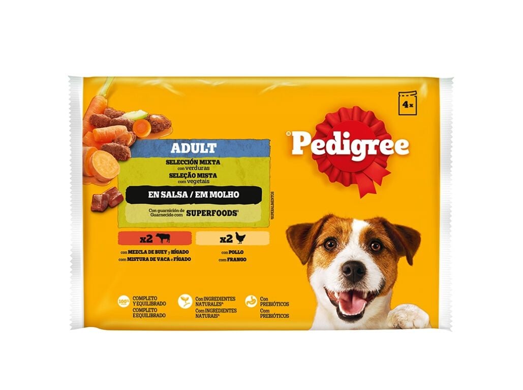 COMIDA H&Uacute;MIDA PARA C&Atilde;O PEDIGREE SAQUETA MOLHO COM FRANGO E VACA 4X100G