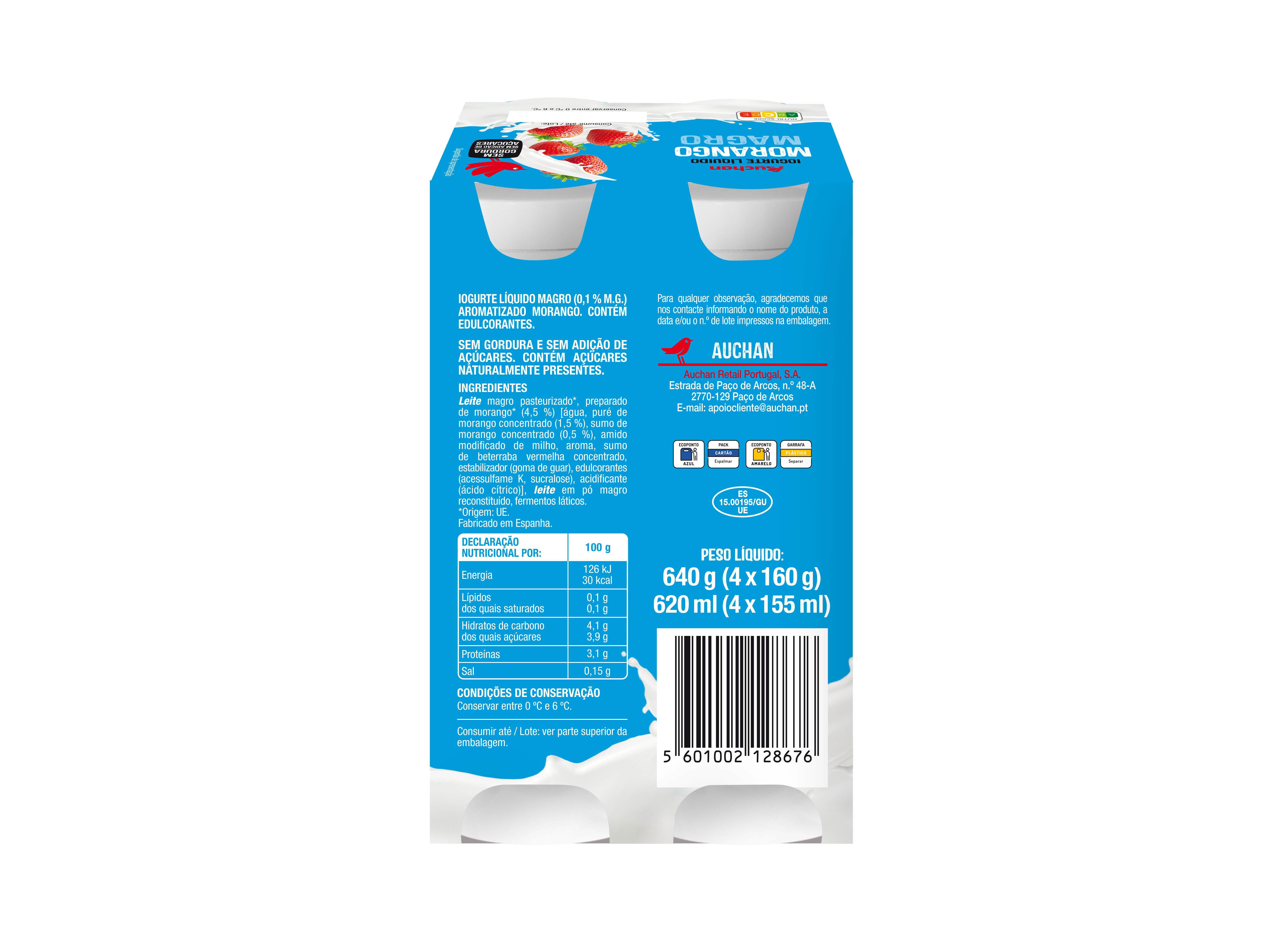 IOGURTE L&Iacute;QUIDO MAGRO AUCHAN MORANGO 4X160G image number 1