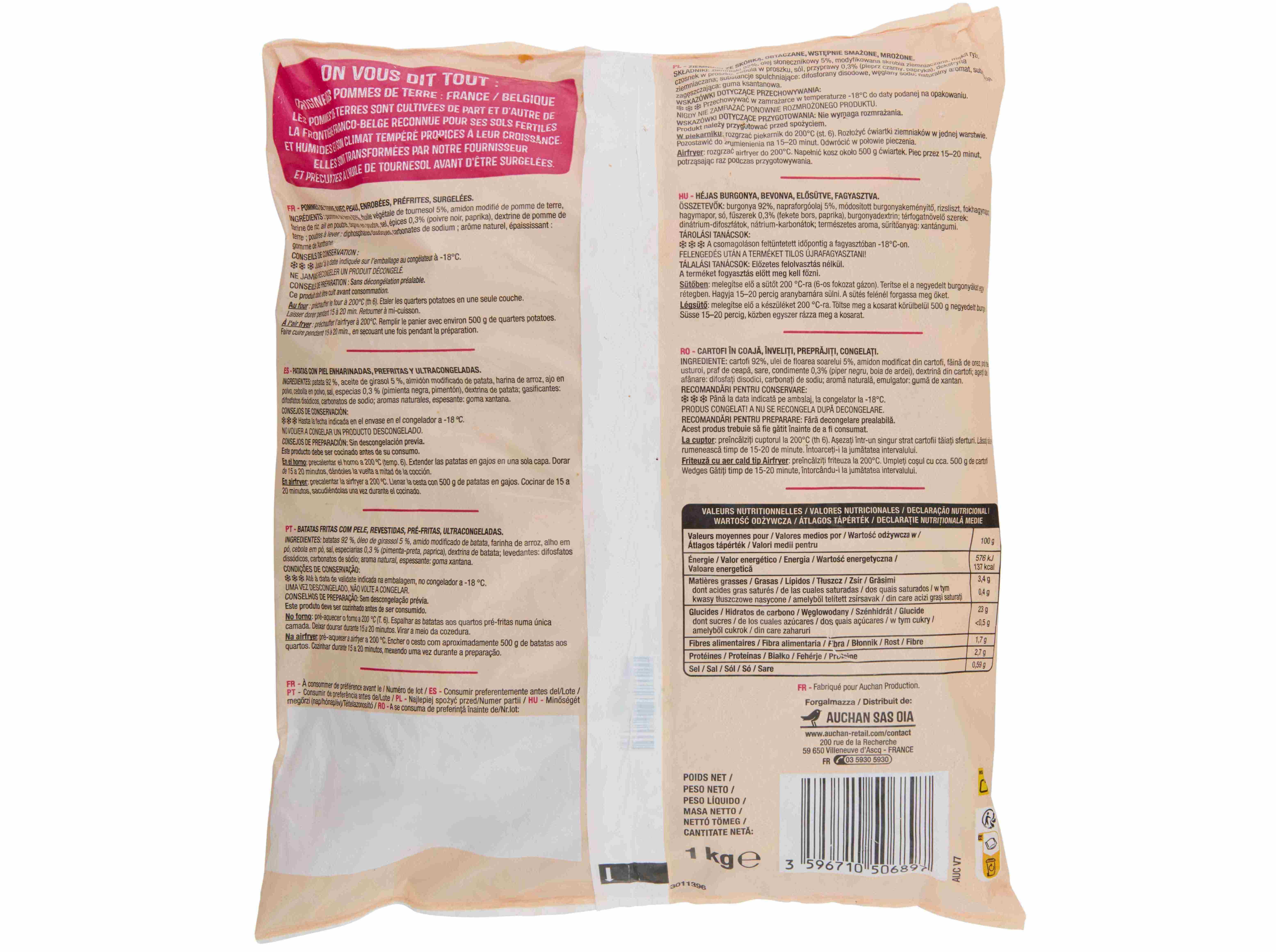 BATATA PR&Eacute;-FRITAS AUCHAN QUARTOS COM PELE PARA FORNO E AIRFRYER 1KG image number 1